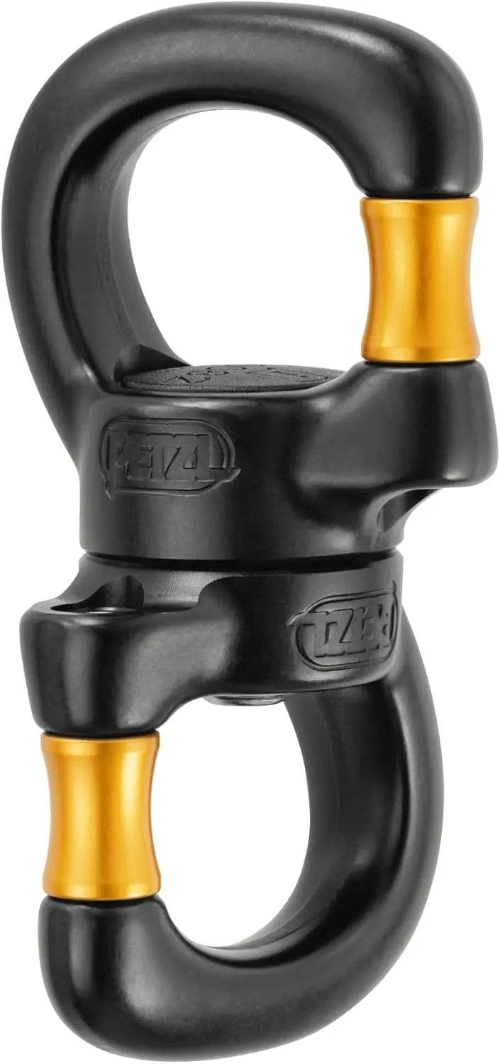 Petzl Swivel Open gated swivel with sealed ball bearings for climbing and tree care, yellow and black aluminum nylon design