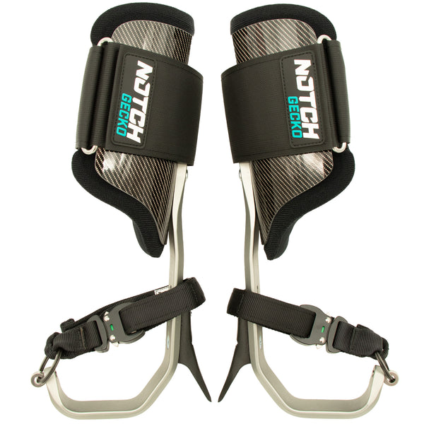 Notch Gecko Aluminum 3.0 Climbers, front view of the pair with fiberglass cuffs and calf straps