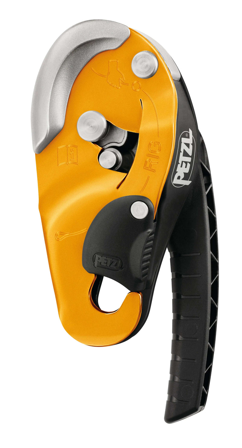 Yellow PETZL RIG Descender with ergonomic handle and AUTO-LOCK for safe rope access and controlled descents