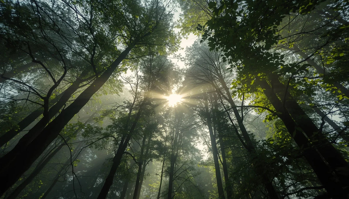 Sunlight breaking through a dense forest canopy of tall trees